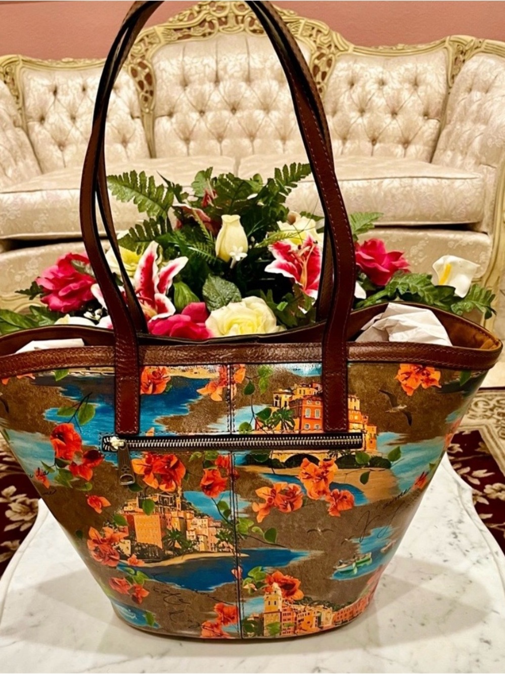 Patricia Nash French Riviera Brown Floral genuine leather Tote shoulder Bag